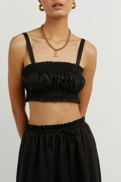 DISSH Boutiques CLOTHING BONNIE BLACK GATHER LINEN CROP TOP