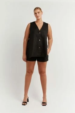 DISSH Boutiques LOGAN BLACK LINEN LONGLINE TOP