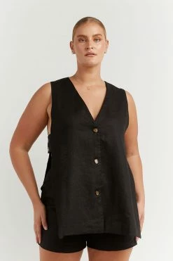DISSH Boutiques LOGAN BLACK LINEN LONGLINE TOP