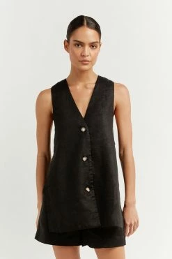 DISSH Boutiques LOGAN BLACK LINEN LONGLINE TOP