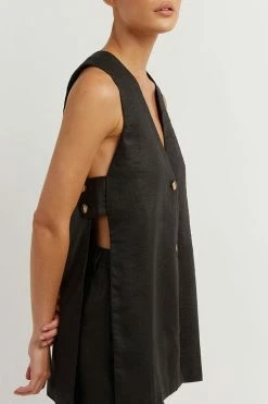 DISSH Boutiques LOGAN BLACK LINEN LONGLINE TOP