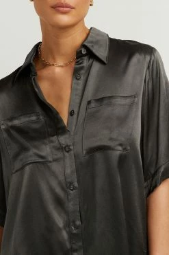 DISSH Boutiques THE BUMP FRIENDLY EDIT SIMONE CHARCOAL SATIN SHORT SLEEVE SHIRT