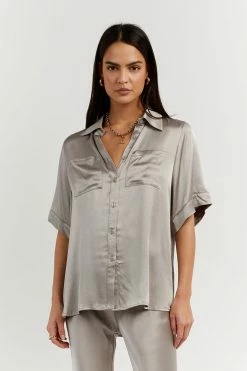 DISSH Boutiques CLOTHING SIMONE PEWTER SATIN VACATION SHIRT