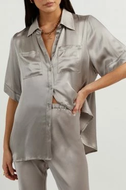 DISSH Boutiques CLOTHING SIMONE PEWTER SATIN VACATION SHIRT