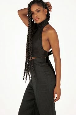 DISSH Boutiques GRACIE BLACK LINEN HALTER CROP TOP