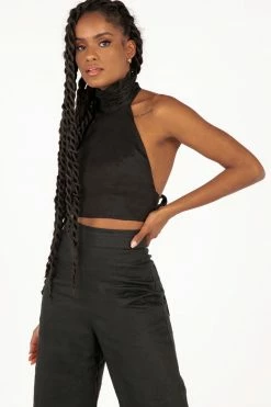 DISSH Boutiques GRACIE BLACK LINEN HALTER CROP TOP