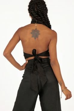 DISSH Boutiques GRACIE BLACK LINEN HALTER CROP TOP