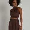 DISSH Boutiques JONES CHOCOLATE LINEN TIE CROP TOPS