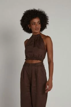 DISSH Boutiques JONES CHOCOLATE LINEN TIE CROP TOPS