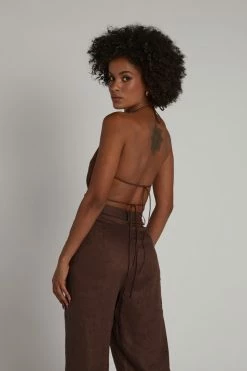 DISSH Boutiques JONES CHOCOLATE LINEN TIE CROP TOPS
