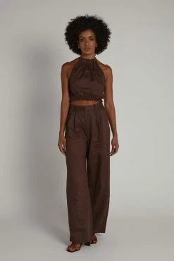 DISSH Boutiques JONES CHOCOLATE LINEN TIE CROP TOPS