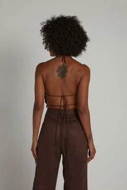 DISSH Boutiques JONES CHOCOLATE LINEN TIE CROP TOPS