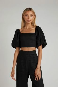 DISSH Boutiques TOPS JUNE BLACK LINEN TIE BACK CROP TOP