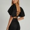 DISSH Boutiques TOPS JUNE BLACK LINEN TIE BACK CROP TOP