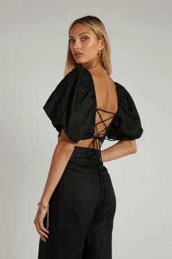 DISSH Boutiques TOPS JUNE BLACK LINEN TIE BACK CROP TOP