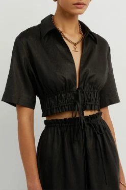 DISSH Boutiques MONTY BLACK LINEN CROPPED SHIRT CLOTHING
