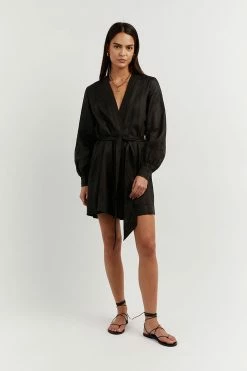DISSH Boutiques DALE BLACK LINEN MINI WRAP DRESS CLOTHING