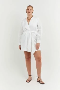 DISSH Boutiques DALE WHITE LINEN MINI WRAP DRESS CLOTHING