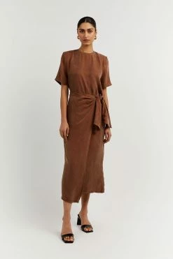DISSH Boutiques CLOTHING SASHA TAN WRAP TIE MIDI SKIRT