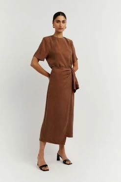 DISSH Boutiques CLOTHING SASHA TAN WRAP TIE MIDI SKIRT