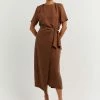 DISSH Boutiques CLOTHING SASHA TAN WRAP TIE MIDI SKIRT