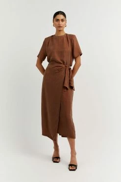 DISSH Boutiques CLOTHING SASHA TAN WRAP TIE MIDI SKIRT