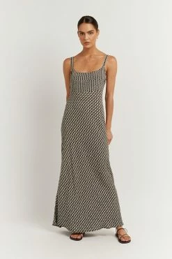 DISSH Boutiques MARS BLACK GEO SLIP MIDI DRESS CLOTHING