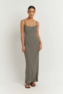 DISSH Boutiques MARS BLACK GEO SLIP MIDI DRESS CLOTHING