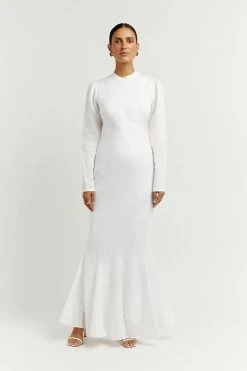 DISSH Boutiques AISLE WHITE LINEN SLEEVE MIDI DRESS