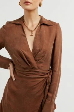 DISSH Boutiques SASHA TAN WRAP MINI DRESS CLOTHING