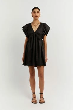 DISSH Boutiques BONNIE FRILL BLACK LINEN MINI DRESS CLOTHING