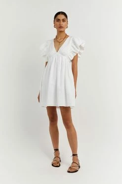 DISSH Boutiques BONNIE FRILL WHITE LINEN MINI DRESS CLOTHING