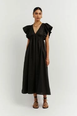 DISSH Boutiques CLOTHING BONNIE BLACK FRILL MIDI DRESS