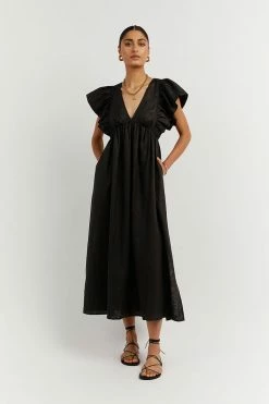 DISSH Boutiques CLOTHING BONNIE BLACK FRILL MIDI DRESS