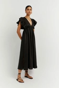 DISSH Boutiques CLOTHING BONNIE BLACK FRILL MIDI DRESS