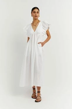 DISSH Boutiques BONNIE WHITE FRILLED MIDI DRESS CLOTHING