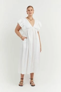 DISSH Boutiques BONNIE WHITE FRILLED MIDI DRESS CLOTHING