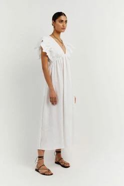 DISSH Boutiques BONNIE WHITE FRILLED MIDI DRESS CLOTHING