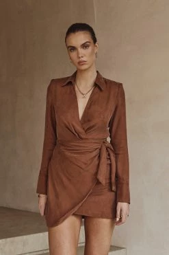 DISSH Boutiques SASHA TAN WRAP MINI DRESS CLOTHING