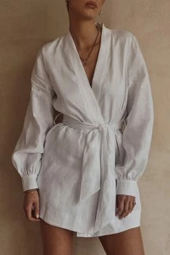 DISSH Boutiques DALE WHITE LINEN MINI WRAP DRESS CLOTHING
