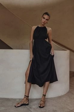 DISSH Boutiques BONNIE BLACK LINEN MIDI DRESS