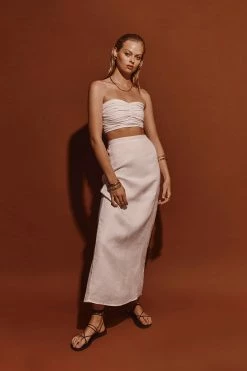 DISSH Boutiques CLOTHING ROBERTS WHITE LINEN MIDI SKIRT