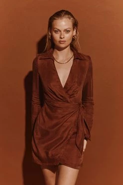 DISSH Boutiques SASHA TAN WRAP MINI DRESS CLOTHING