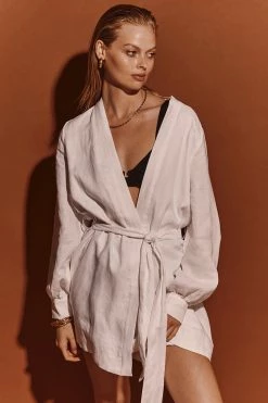 DISSH Boutiques DALE WHITE LINEN MINI WRAP DRESS CLOTHING