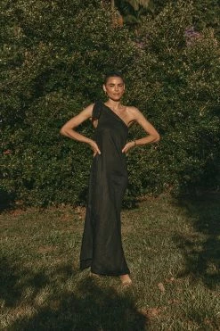 DISSH Boutiques MACCA BLACK LINEN MIDI DRESS CLOTHING