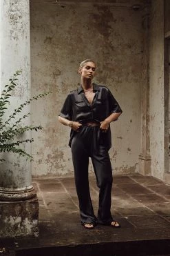 DISSH Boutiques SIMONE CHARCOAL SATIN BIAS CUT PANT