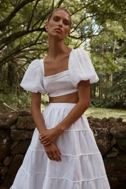 DISSH Boutiques AISLE WHITE LINEN SLEEVED TOP TOPS