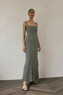 DISSH Boutiques MARS BLACK GEO SLIP MIDI DRESS CLOTHING