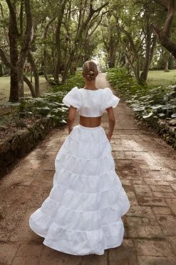 DISSH Boutiques AISLE WHITE LINEN TIER LONG SKIRT SETS