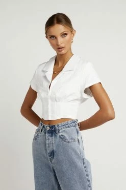 DISSH Boutiques COLLARED WHITE CROP TOP